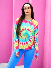 Gameset SHEIN Sport Damen Batik Rundhals Lockerer Schnitt Langarm Sport T-Shirt, Blau und Rosa, Sommer, Athleisure, Tv Girl, Fitnessstudio, Pride Month Neon Kleidung UV Casual Top - Verschiedenfarbig - Übersicht 3