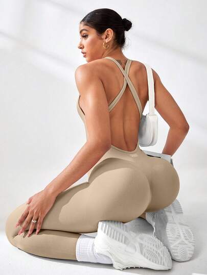 Core Rhythm Mono deportivo sexy con espalda descubierta y cruzado de unicolor para mujer