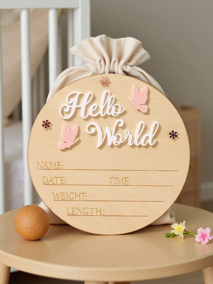 SHEIN Panneau d'annonce de naissance de bébé fille avec papillon acrylique "Hello World", accessoire photo pour baby shower, cadeau