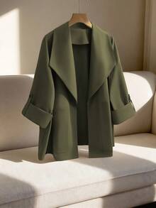 GlowEve CURVE Plus Size Women's Solid Color Lapel Casual Windbreaker Jacket - Army Green - View 1