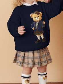 1 Áo len Raglan họa tiết gấu hoạt hình đơn giản cho bé gái, thích hợp mặc hàng ngày và đi học - Màu xanh hải quân - Xem 3