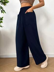 SHEIN EZwear 女式宽松海军蓝休闲裤，秋季 - 藏蓝色 - 查看 3