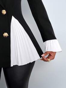 SOLERSUN Women's Elegant 2 In 1 Black Waist-Cinching Long Sleeve Metal Decorated Pleated Ruffle Suit Blazer ,Ruched Waist 3D Cut Peplum Hem Fitted Long Sleeve Blazer, Black Fall Cloth For Women,New Years Women, Business Casual Woman, Office Wear Women, Black Elegant, Fall/Winter - Black and White - View 7