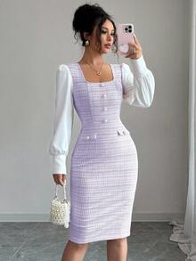 Elenzga Elegant Romantic Plaid Patchwork Square Neck Waist Fitted Bodycon Dress For Women - Multicolor - View 3
