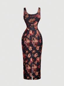 SHEIN MOD 女式黑色花卉印花修身连衣裙 - 彩色 - 查看 3