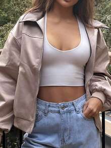 RebeccaVibe 女士休闲拼色领夹克，春秋 - 卡其色 - 查看 6