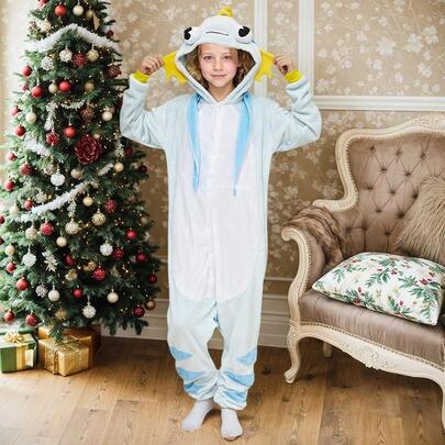 Mono Pijama Niño Animal Carpa Cartoon Azul Claro, Cremallera Abrigo Calentito Invierno, Disfraz Navidad Halloween, Regalo 3-12 Años