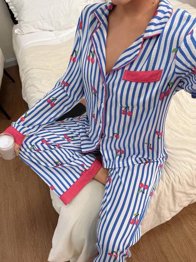 SHEIN Blue & White Striped Cherry Print Contrast Color Lapel Collar Long Sleeve Pajama Set For Women Cherry Pajama Set Striped Pajama Set, Winter Clothes