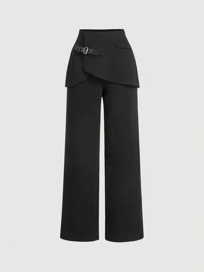 SHEIN MOD 大码女式二合一裤子，黑色长裤，直筒裤，返校季