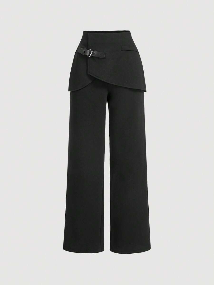 SHEIN MOD Plus Size Women's 2 In 1 Pants, Leather Buckle Decor, Black Straight-Leg Trousers, Back To School,Black Dress Pants,Fall Pants - Black - View 1