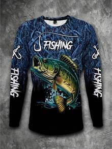 Manfinity LEGND Men's Long Sleeve Casual Fishing T-Shirt - 3D Fish Print, Round Neck, Polyester, Black & Blue Gradient Tee, Ideal For Outdoor Activities, Fall - Multicolor - View 1