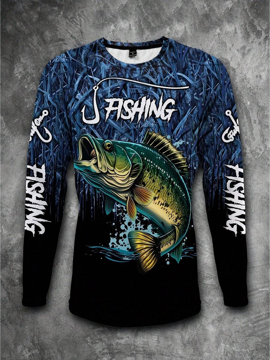 Manfinity LEGND Men's Long Sleeve Casual Fishing T-Shirt - 3D Fish Print, Round Neck, Polyester, Black & Blue Gradient Tee, Ideal For Outdoor Activities, Fall - Multicolor - View 1