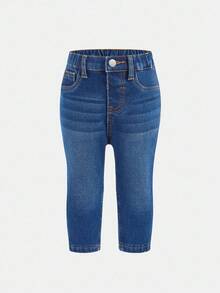 SHEIN Baby Girls Navy Blue Denim Thermal Lined Stretchy Leggings - Medium Wash - View 5