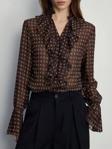 Aveloria Modichic Elegant Oversized Paisley & Cashew Flower Print Chiffon Layered Ruffle Collar Front Button Blouse, Vintage Style For Women - Multicolor - View 4