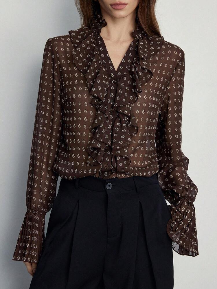 Aveloria Modichic Blusa Elegante com Gola Babado Frontal com Botões, Estampa Paisley e Flor de Caju Sobrepostas em Chiffon, Estilo Vintage para Mulheres - Multicolorido - Visão 4