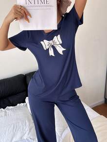 Dream Adore Bộ đồ ngủ nữ tay ngắn cổ tròn in họa tiết nơ - Màu xanh hải quân - Xem 4
