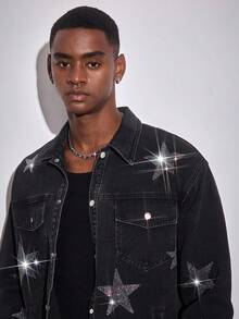 ROMWE MEN Men's American Street Style Star Rhinestone Denim Jacket - Black - View 3