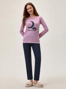 Loomlin 2pcs Cotton Contrast Colour Moon Printed Shirt And Star Printed Sleep Bottom PJ Set - Purple - View 4