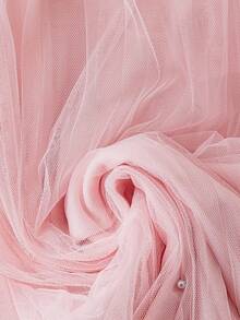 Franclia 大码女式优雅浪漫纯色弹力腰仿珍珠装饰网纱A字裙 - 粉色 - 查看 5