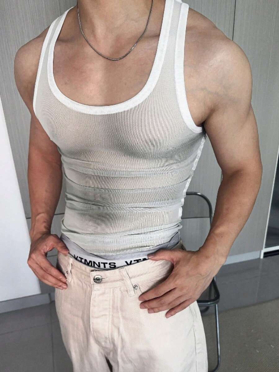 Manfinity Dauomo 男士夏季休闲透视修身背心 - 白色 - 查看 1