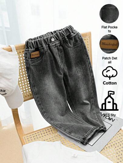 SHEIN Playful Pals Denimly Spring/Summer New Arrival Boys' Loose Fit Light Blue Denim Pants, Elastic Waist Design For Comfortable And Easy Wear, Pair With Simple T-Shirt Or Shirt To Create Casual Chic Look, Also Available In Cartoon Patterns For Playful Vibe, An Essential Versatile Item For Boys' Daily Wear, Suitable For School, Outdoor, Travel, Family Activities, Parties, Etc. Grey Baggy Jeans Kids Denim Pants