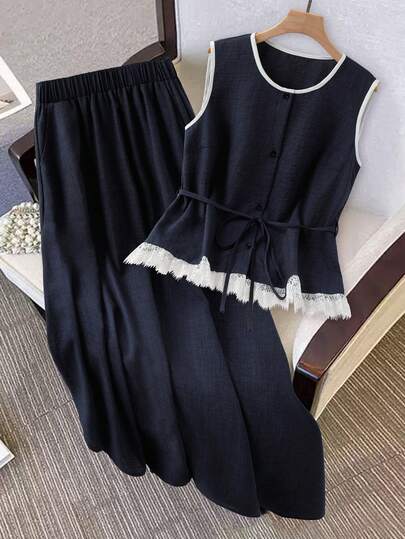 GlowEve CURVE Plus Size Solid Color Patchwork Lace Bow Waist Elegant Casual Women Tank Top, Solid Color Waist Pocket Elegant Casual Women Skirt, Regular Women 2 Piece Set, Autumn/Winter