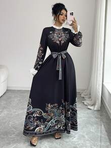 Franclia Robe femme à patchwork de dentelle florale avec ceinture de taille - Noir - Voir 6