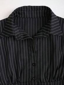 Sweetra Tall 秋冬通勤休闲条纹修身百搭学院风长袖衬衫，适合高个女性 - 黑色 - 查看 5