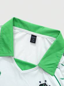 ROMWE MEN Anime 男士 Polo 衫，休闲运动樱花&英文文字图形印花短袖 Polo 衫 - 綠色 - 查看 4
