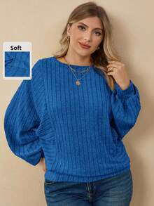 EMERY ROSE Plus Size Women's Casual Solid Color Round Neck Ribbed Long Sleeve - Blue - View 2