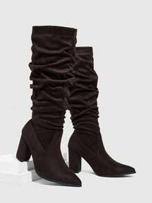 Daringsoles Women's Fashion Commuter Chunky High Heel Knee-High Boots For Christmas - Coffee Brown - View 7