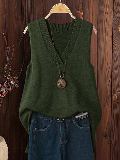 SHEIN LUNE 大码女式米色V领侧开衩高低摆宽松针织休闲舒适毛衣背心，秋冬款