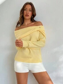 Aloruh Women's Elegant Off Shoulder Twist Loose Pale Yellow Sweater, Autumn/Winter - Butter Yellow - View 1