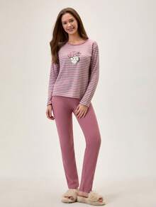 Loomlin Damen 2er Set Rippstrick süße Cartoon Stickerei Detail Hauskleidung Komfort Pyjama Set Pyjama Sets für Damen Pyjama Sets für Damen Langarm süße Nachtwäsche Damen Kaffee Pyjamas Damen gestreifte Pyjamas - Altrosa - Übersicht 3