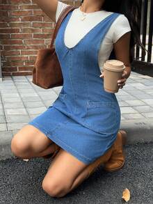 K-Vae Váy ngắn ôm sát không tay bằng vải denim dành cho nữ, màu xanh thường ngày - Rửa trung bình - Xem 4