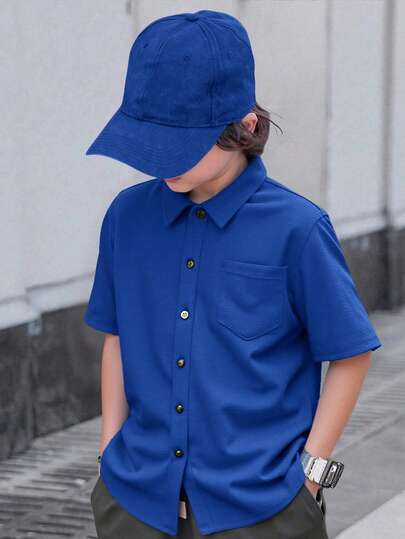 SHEIN Tween Boy's Casual Solid Color Pocket Front Button Short Sleeve Shirt, Summer