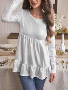 SHEIN LUNE Kaos Wanita Longgar Leher Bulat dengan Benang Metalik Elastis, Cocok untuk Pesta, Musim Gugur/Dingin - Putih - View 5