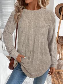 EMERY ROSE Casual Women's Asymmetrical Hem Crew Neck Brushed Fleece Sweatshirt, Autumn/Winter,Casual - Apricot - View 4