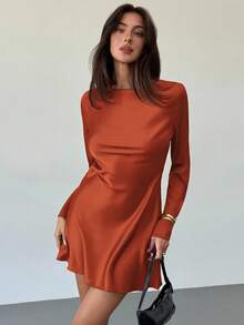 Aloruh Elegant Solid Color Draped Back Dress, Casual & Party Wear - Brown - View 6