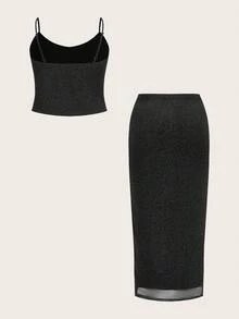 CovetEZ Conjunto de 2 piezas de camiseta sin mangas brillante y minifalda para tallas grandes - Negro - Ver 10