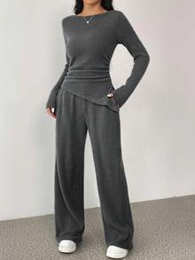 Juhart Bộ đồ hai mảnh Maxi hở vai xếp nếp kiểu Pháp thanh lịch dành cho nữ, cỡ lớn - Xám - Xem 3