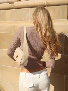 Sydney Algeri Suéter feminino simples, elegante, casual, estilo universitário, versátil, gola redonda, malha com cabo, justo - Damasco - Ver 2