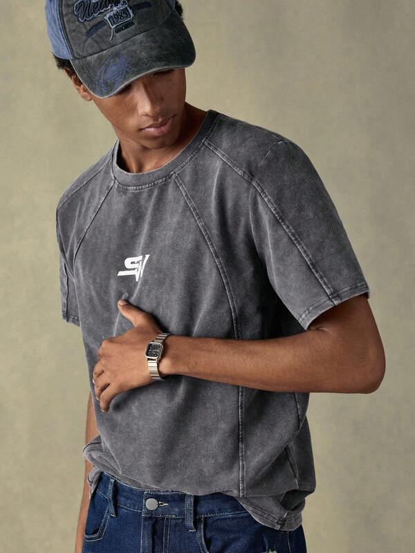 SWAVVY Men's Standard Size Casual Black Washed Short Sleeve Round Neck T-Shirt With Graphic Print Patchwork