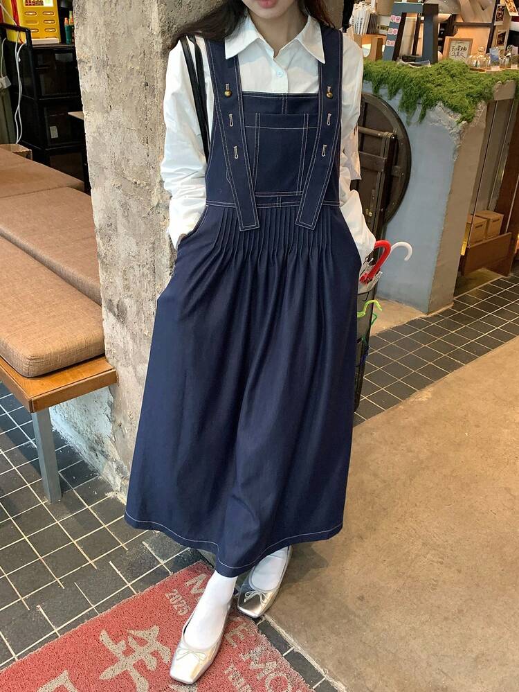 Vintage Loose Fit Casual Midi Dress With Adjustable Straps For Women Sundress