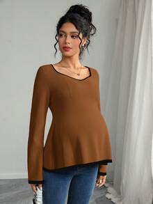 Momance 宽松版孕妇毛衣，撞色设计，长袖针织套头衫 - 棕色 - 查看 3