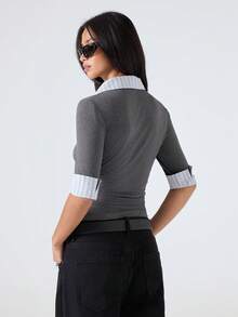 LYSMO 女士撞色拼接领插肩袖半开襟时尚修身T恤 - 深灰色 - 查看 2