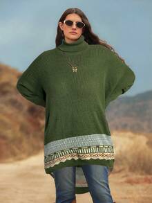 Freevana Suéter de manga de murciélago con cuello alto y patrón geométrico retro de talla grande - Multicolor - Ver 5