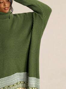 Freevana Suéter de manga de murciélago con cuello alto y patrón geométrico retro de talla grande - Multicolor - Ver 6