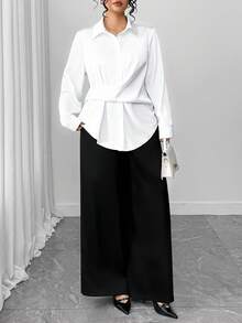 Elenzga Plus Size Solid Color Long Sleeve Casual Shirt - White - View 5