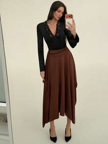 Aloruh Damska spódnica parasolka w kolorze kawy z brązowym, asymetrycznym dołem, z falbanką, jesienno-zimowa, elegancka spódnica maxi w stylu retro - Brązowy - Zobacz 4